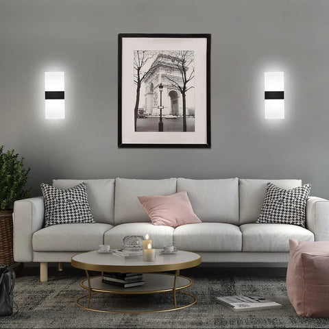 Modern Indoor Wall Sconces Set Of Two LED Wall Mount Lamps 12W Cool White 6000K in a contemporary living room setting