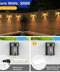 8 Pack Solar Fence Lights With Dusk To Dawn Sensor illuminating a wooden fence at night, showing installation methods using screws or tape.