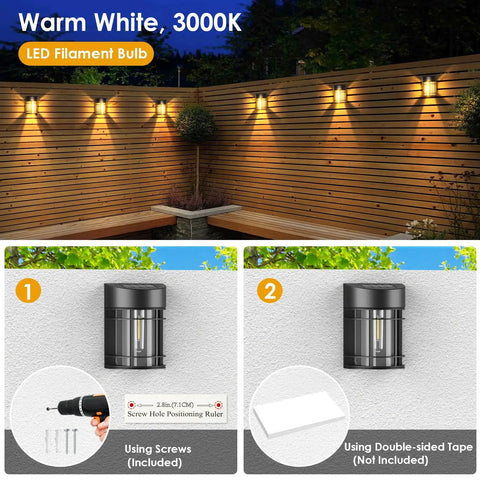 8 Pack Solar Fence Lights With Dusk To Dawn Sensor illuminating a wooden fence at night, showing installation methods using screws or tape.