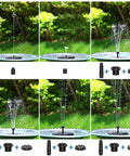 Outdoor Solar Fountain Pump 3.5W With 6 Nozzles for Bird Bath and Garden decor, showing different spray and jet styles.