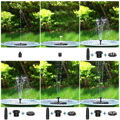 Outdoor Solar Fountain Pump 3.5W With 6 Nozzles for Bird Bath and Garden decor, showing different spray and jet styles.