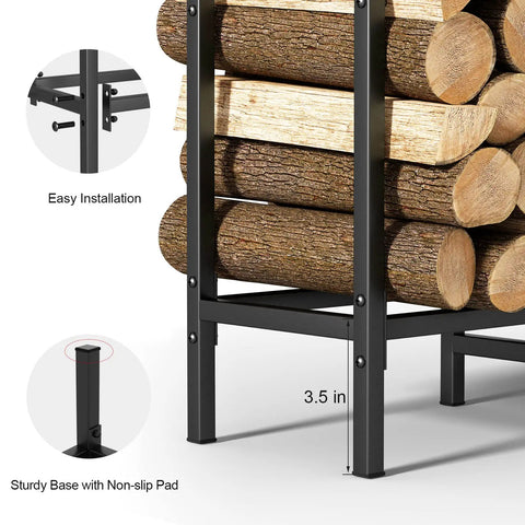Close-up of 4 Foot Firewood Rack With Weatherproof Cover, highlighting sturdy black metal frame and log storage.