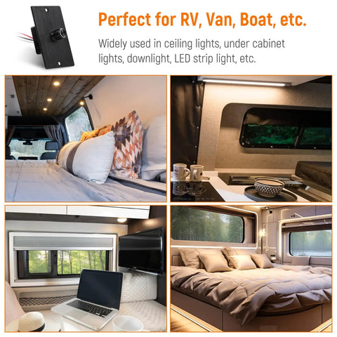 12 Volt 24V PWM LED Dimmer Switch 15 Amp 180 Watt Rotary Knob Control Hella Reliable Aluminum Housing mounted in RV lighting.