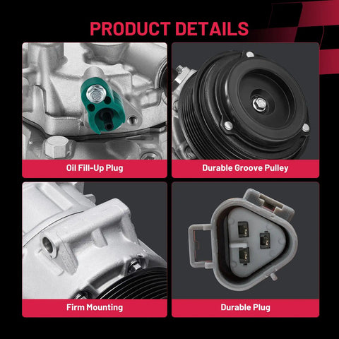 Heavy Duty AC Compressor With Clutch Built Tough For Toyota Camry Avalon Sienna Highlander And Lexus ES350 RX350 Fits 2010 To 2018 With 3.5 Liter V6 Engine Goes Smoke Cold Saves Your Bacon On Road Trips Replaces 98315 product details including oil fill-up plug, groove pulley, firm mounting, and durable plug.