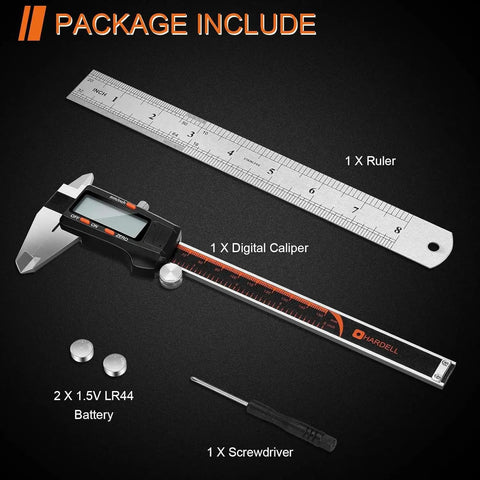 Image shows Digital Caliper 6 Inch With Large LCD Screen Auto Off Inch Millimeter Conversion Stainless Steel Vernier Caliper Package