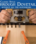 Professional Dovetail Jig System With Precision Flush Trim Bearing For Knocking Out Ridiculously Tight Joints Without Breaking A Sweat On Any Weekend Woodworking Project. Close-up of a router cutting through dovetails in wood.