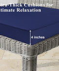 Side view of Blue Outdoor Chair Cushions Set Of 2 22x22x4 Waterproof Patio Cushions on wicker sofa 4 inches thick