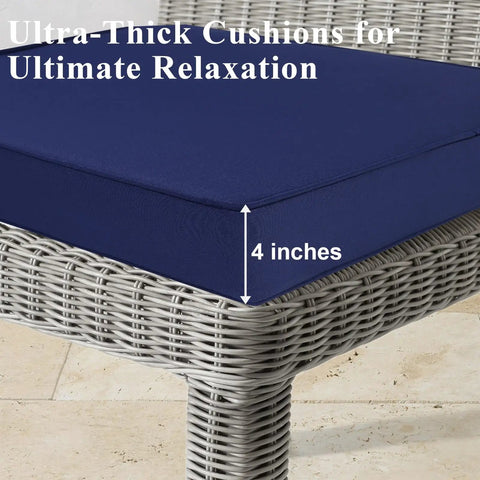 Side view of Blue Outdoor Chair Cushions Set Of 2 22x22x4 Waterproof Patio Cushions on wicker sofa 4 inches thick