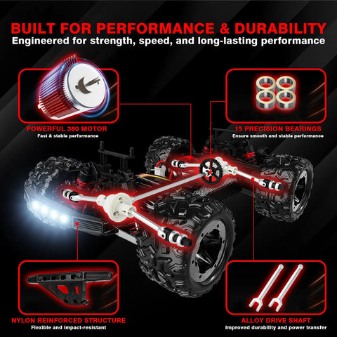 Diagram of One Eighteen Scale 4WD RC Truck For Kids And Adults, highlighting powerful motor, precision bearings, and drive shaft.