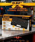 Rugged 31-Piece Torx Bit Socket Set With 14 Star Bits T8 Through T70 And 13 E-Torx Sockets E4 Through E24 in packaging