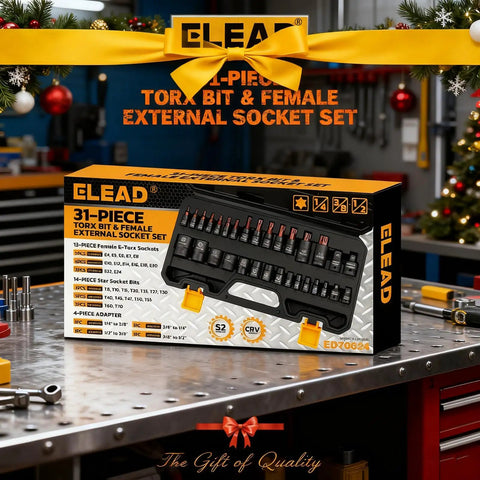 Rugged 31-Piece Torx Bit Socket Set With 14 Star Bits T8 Through T70 And 13 E-Torx Sockets E4 Through E24 in packaging