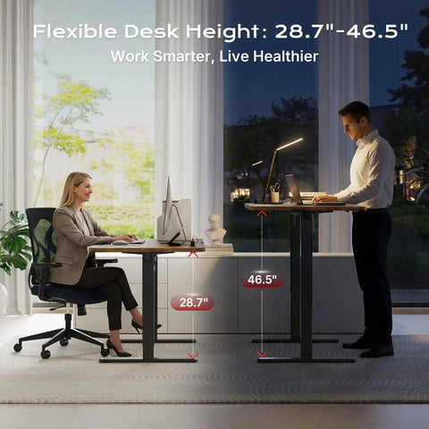 Huuger 47 X 24 Inch Height Adjustable Electric Standing Desk In Rustic Brown With Built-In Power Outlets USB-C Port And Cable Management System For Home Office Gaming Setup Sit Stand Ergonomic Computer Workstation adjusted between 28.7 and 46.5 inches.