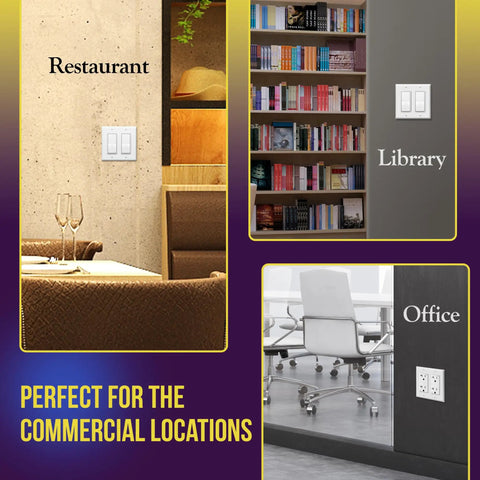Durable 2-Gang Decorator Wall Plate for Light Switch and Receptacle in restaurant, library, and office settings.