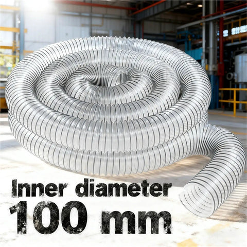 Fully Transparent Flexible Bellows Hose For 100Mm Vacuums And Industrial Dust Extractors With Bendable Pvc Tube crafted for woodworking shops coiled with 100 mm diameter.