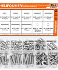 Pro Grade Heavy Duty Pack Of 102 Number 12-24 Phillips Pan Head Machine Screws Paired With Hex Nuts And Flat Washers in assorted sizes.