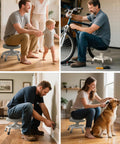People using the Low Profile Rolling Stool With 360 Degree Rubber Wheels, Heavy Duty 450 Lb Capacity, PU Seat, Steel Connector And Anti Tip Base in various activities.
