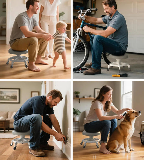 People using the Low Profile Rolling Stool With 360 Degree Rubber Wheels, Heavy Duty 450 Lb Capacity, PU Seat, Steel Connector And Anti Tip Base in various activities.
