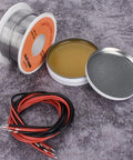 Tin Lead Solder Wire Kit With Rosin Paste Flux 60-40 Core Solder 0.8mm Diameter 50g For Electrical Soldering, Handy Pocket Pack With Red And Black 22 AWG Tinned Copper Wires shown with reel, flux tin, and bundled wires