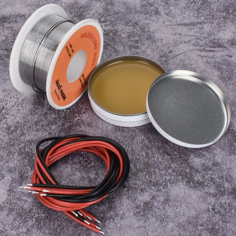 Tin Lead Solder Wire Kit With Rosin Paste Flux 60-40 Core Solder 0.8mm Diameter 50g For Electrical Soldering, Handy Pocket Pack With Red And Black 22 AWG Tinned Copper Wires shown with reel, flux tin, and bundled wires