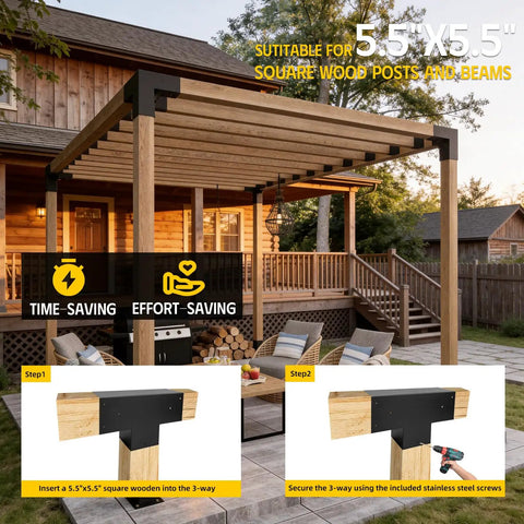 Pergola with 3-Way T-Shaped Pergola Brackets Kit For 6 By 6 Inch Lumber Beefy Heavy Duty Galvanized Steel With Matte Black Finish DIY Woodwork Brackets