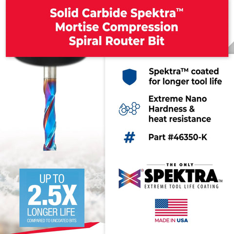 Solid Carbide Spektra Extreme Tool Life Coated Mortise Compression Spiral Router Bit on display with specifications