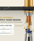 Gold Kitchen Faucet With Pull Down Sprayer, Brushed Brass High Arc Gooseneck Sink Faucet supply hose design detail