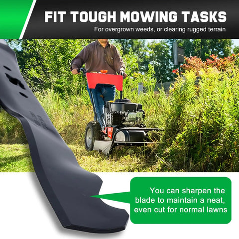 Beefed-Up Mower Blades For Troy-Bilt 21 Inch Deck Lawn Tractors And Walk Behind Mowers TB110 TB130 TB210 TB220 TB230 TB240 TB280ES TB320 Replacement Mulching 742-0741A 942-0741A, installed on a lawnmower cutting tall grass.