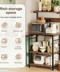 Kitchen Bakers Rack With Power Outlet And Coffee Bar Table Four Tier Space Saving Microwave Stand With Six S Shaped Hooks Storage Shelf For Spices Pots And Pans Rustic Brown Finish Perfect For Tiny Kitchens And Busy Mornings featuring storage options and appliances