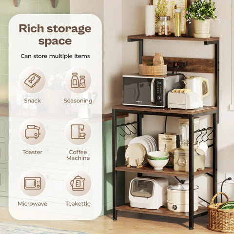 Kitchen Bakers Rack With Power Outlet And Coffee Bar Table Four Tier Space Saving Microwave Stand With Six S Shaped Hooks Storage Shelf For Spices Pots And Pans Rustic Brown Finish Perfect For Tiny Kitchens And Busy Mornings featuring storage options and appliances