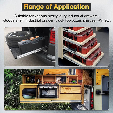 Beefy Heavy Duty Full Extension Drawer Slides With Lock Side Mount Ball Bearing Rails 14 Inch 150 Lb Capacity 1 Pair installed in RV and cabinets