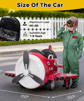 Ride On Airplane With Remote Control For Kids next to child in pilot suit, product dimensions displayed