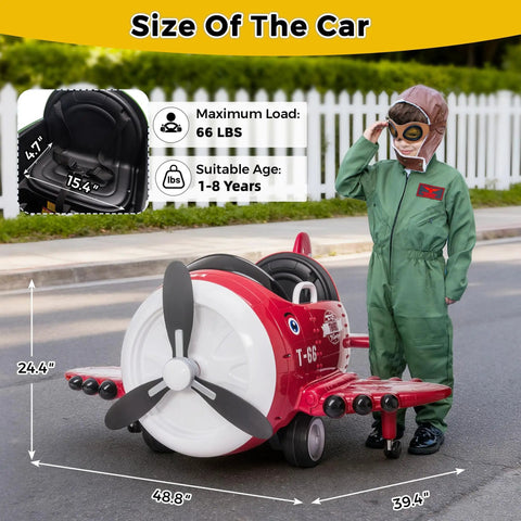 Ride On Airplane With Remote Control For Kids next to child in pilot suit, product dimensions displayed