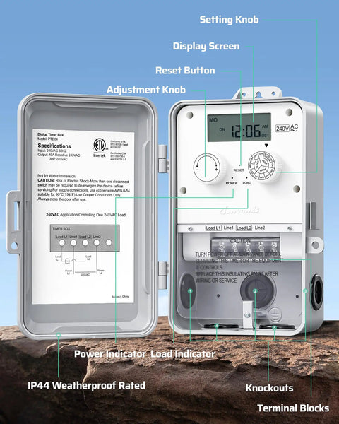 Tough As Nails Outdoor Pool Pump Timer showing settings, display, IP44 rated weatherproof box for outdoor use.