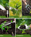 Heavy Duty 9 Piece Garden Tool Set With Floral Organizer Tote Rust Proof Hand Tools in use on soil and plants