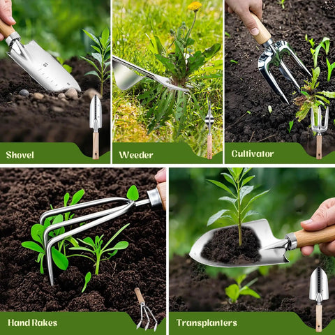 Heavy Duty 9 Piece Garden Tool Set With Floral Organizer Tote Rust Proof Hand Tools in use on soil and plants