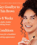 Woman applying Brow Boosting Serum For Fuller, Bolder Brows And Your Brow Game With Vitamins, Peptides, Antioxidants And Amino Acids