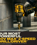 Heavy Hitter 20V Max Brushless Cordless Drill Driver with half inch chuck drilling into metal surface, showcasing brushless motor.