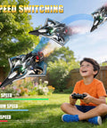 Young boy playing with Remote Control RC Airplane With Spray Effect And LED Lights, Foam Fighter Jet With 360 Degree Flips, outdoors.