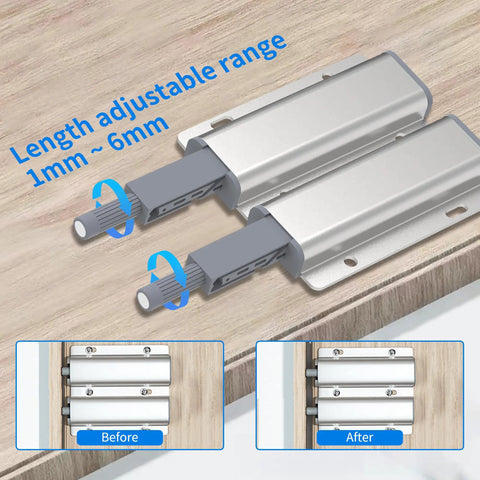 Close-up of 15 Pack Push To Open Cabinet Latch Set Heavy Duty Aluminum Magnetic Touch Release Hardware on wood door