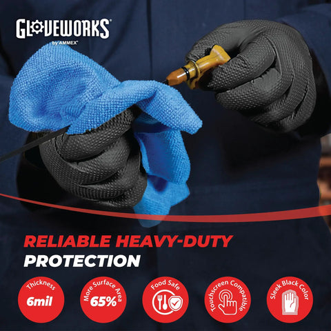 6 Mil Black Nitrile Disposable Gloves With Raised Diamond Grip For Auto Work, Cleaning And Food Prep, holding a blue cloth