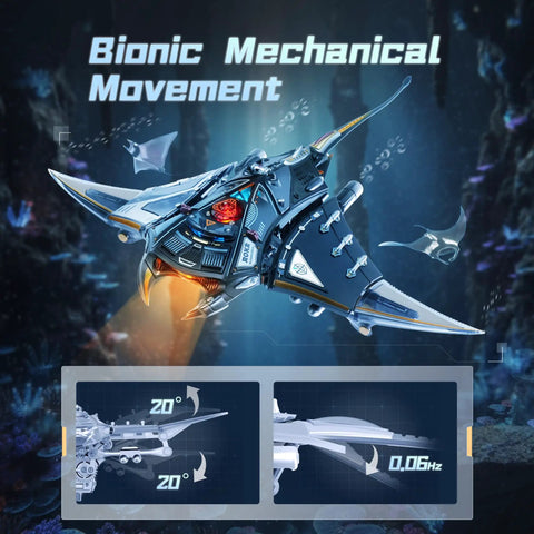 Manta Ray 3D Metal Model Puzzle for Adults and Teens, showing biomimetic fin and smooth swing motion in ocean-themed setting
