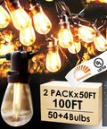 Close-up of 100-Foot Outdoor String Lights with 54 Shatterproof Edison S14 Bulbs, remote control, and packaging box.