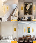Set Of Two 25 Inch Brass And Natural Alabaster Wall Sconces Featuring Authentic Spanish Marble Veins For Bathroom Bedroom Or Hallway Total Game Changer Lighting in stairway and living room.