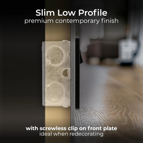 Slim view of Modern Screwless Double Switched Wall Socket In Polished Copper showing screwless clip for easy installation.
