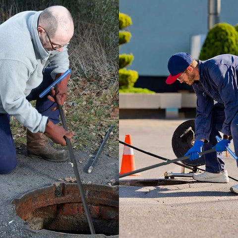 Two people using Adjustable Water Meter Key With 15 Inch And 28 Inch Lengths For Opening And Closing Meters Or Valves outdoors