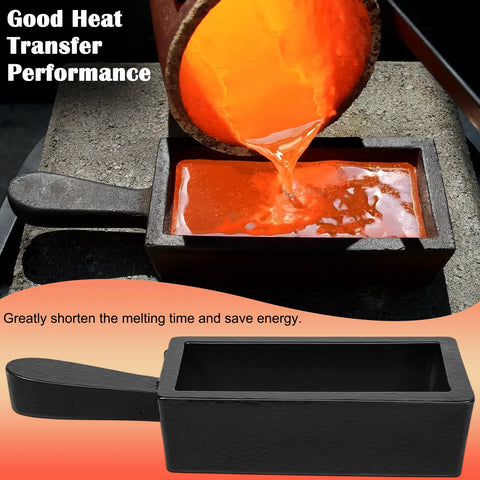 Front view of a black cast-iron ingot mold with a handle, being filled with molten orange metal for smelting.