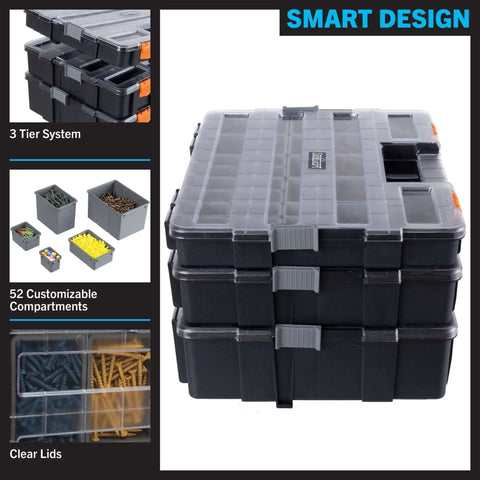 Three In One Portable Tool Box Organizer With Fifty Two Customizable Compartments For Hardware Craft Supplies Beads And Small Parts Grab And Go Three Tier Storage Case For Home Garage And Workshop