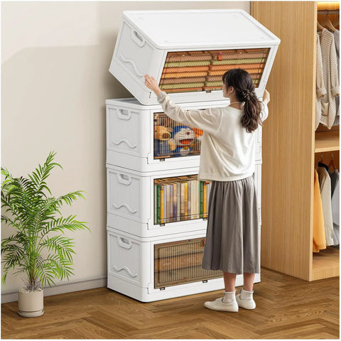 Super Roomy 4 Pack Stackable Storage Bins With Secure Lids And Smooth Rolling Wheels Foldable Closet Organizers For Closets And Garages Keeps Your Place Tight With Zero Hassle Setup And Easy Hauling Moves