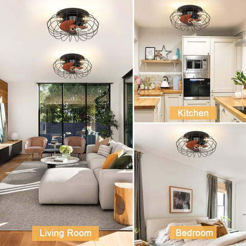 20 Inch Low Profile Ceiling Fan With Lights And Remote Control Enclosed Caged 3 Blade Design Flush Mount in living room, kitchen, bedroom