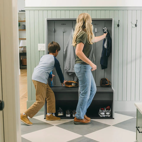 Family organizing using Open Design Storage Locker With Benches And Shoe Cubbies Freestanding Cabinet With Metal Hooks